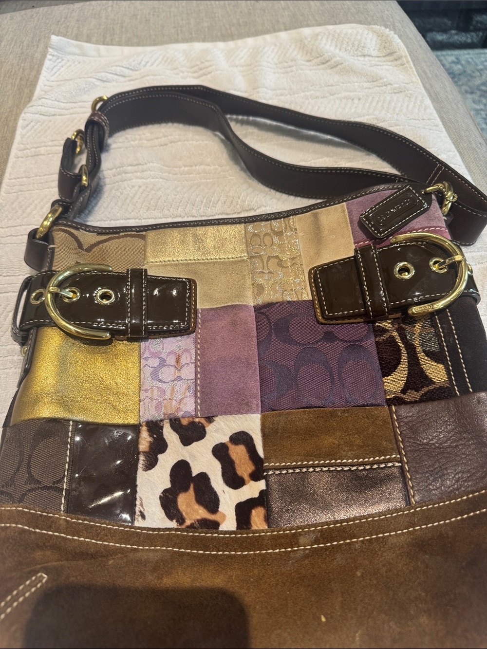 Coach Patchwork Shoulder Bag in Brown, Gold and Purple - Picture 7 of 9